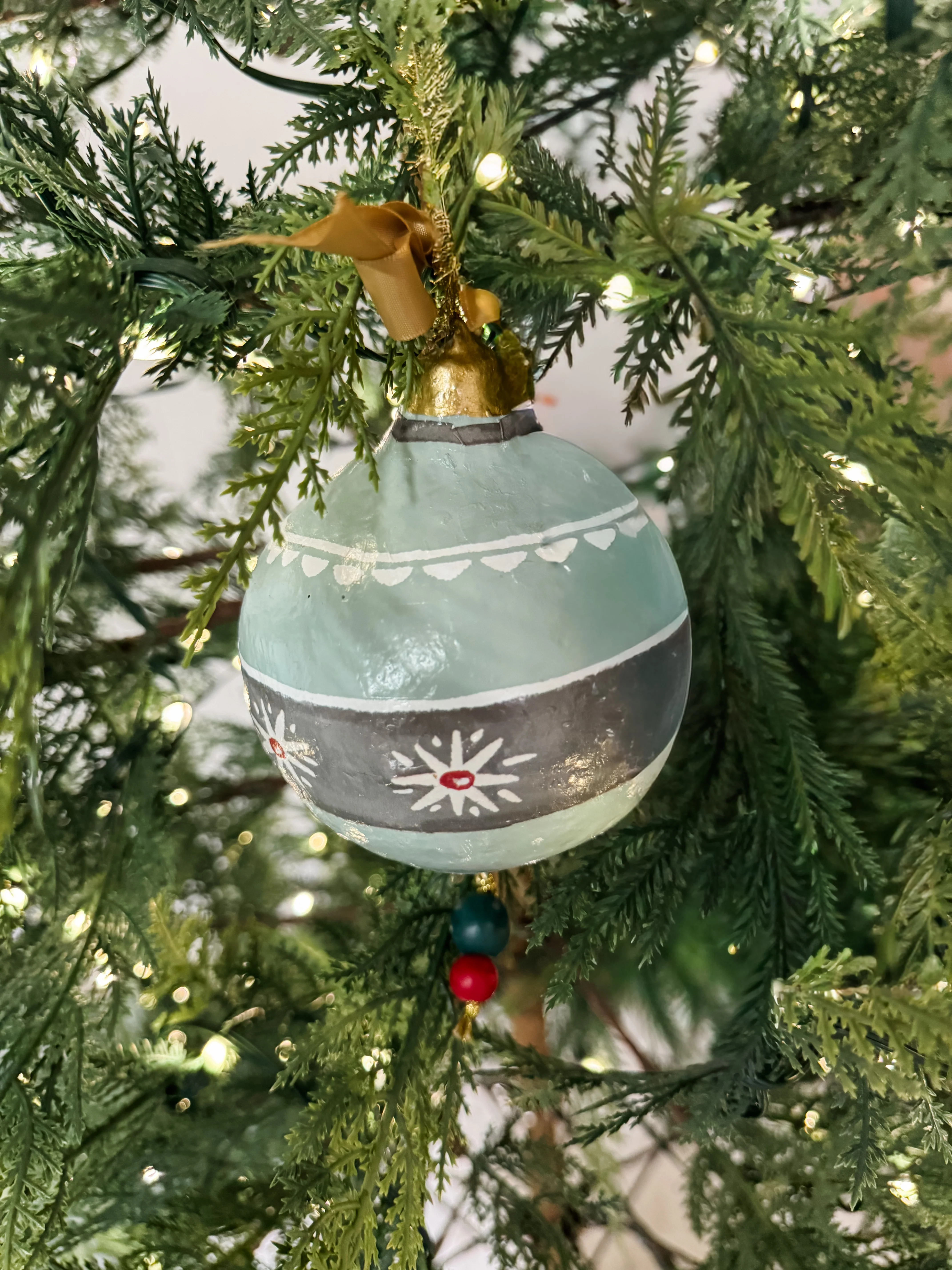 Hand-Painted Paper Mache Ornament with Bow-FINAL SALE - Image 4