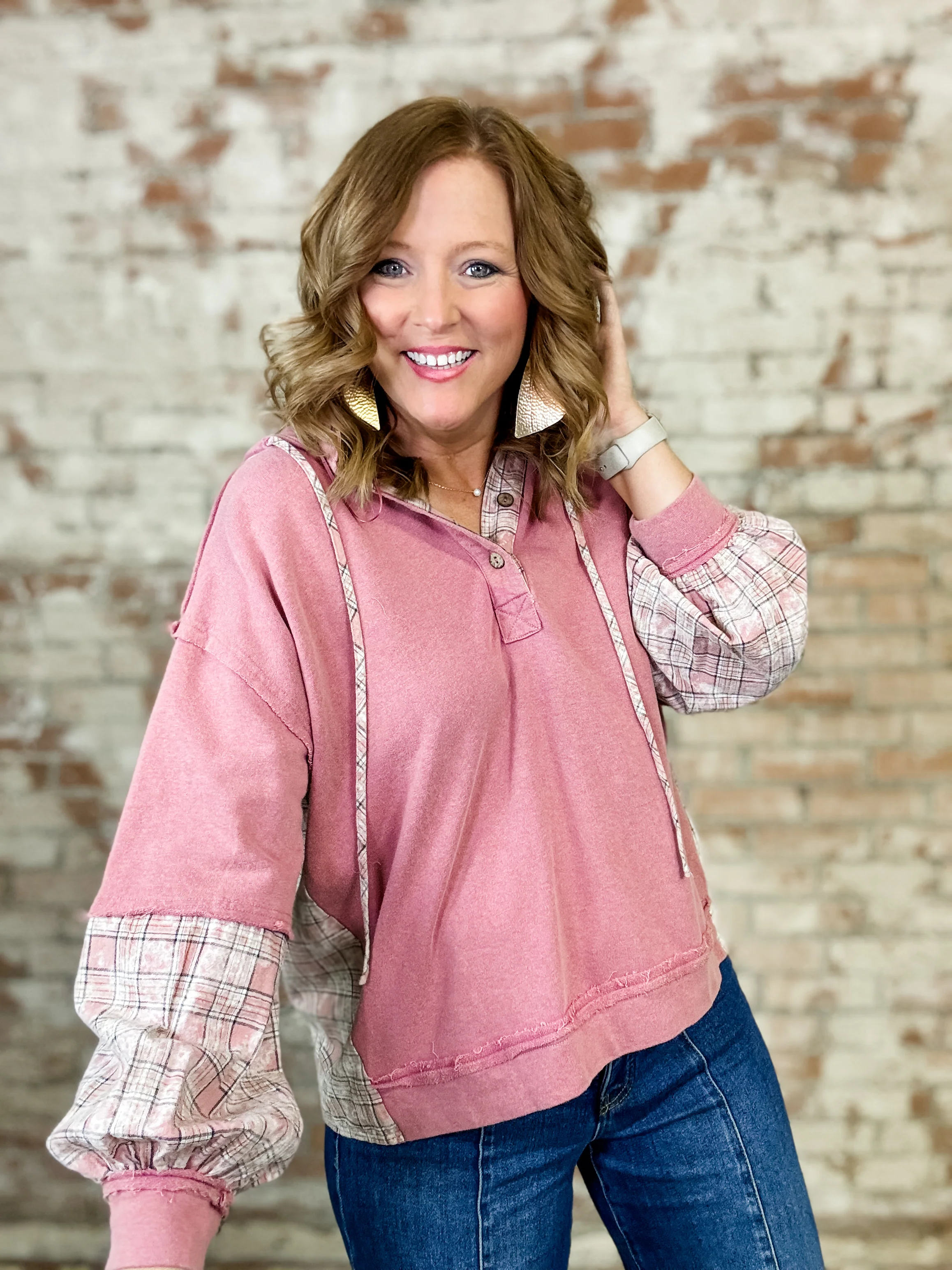 Henley Plaid Mixed Washed Hoodie - FINAL SALE