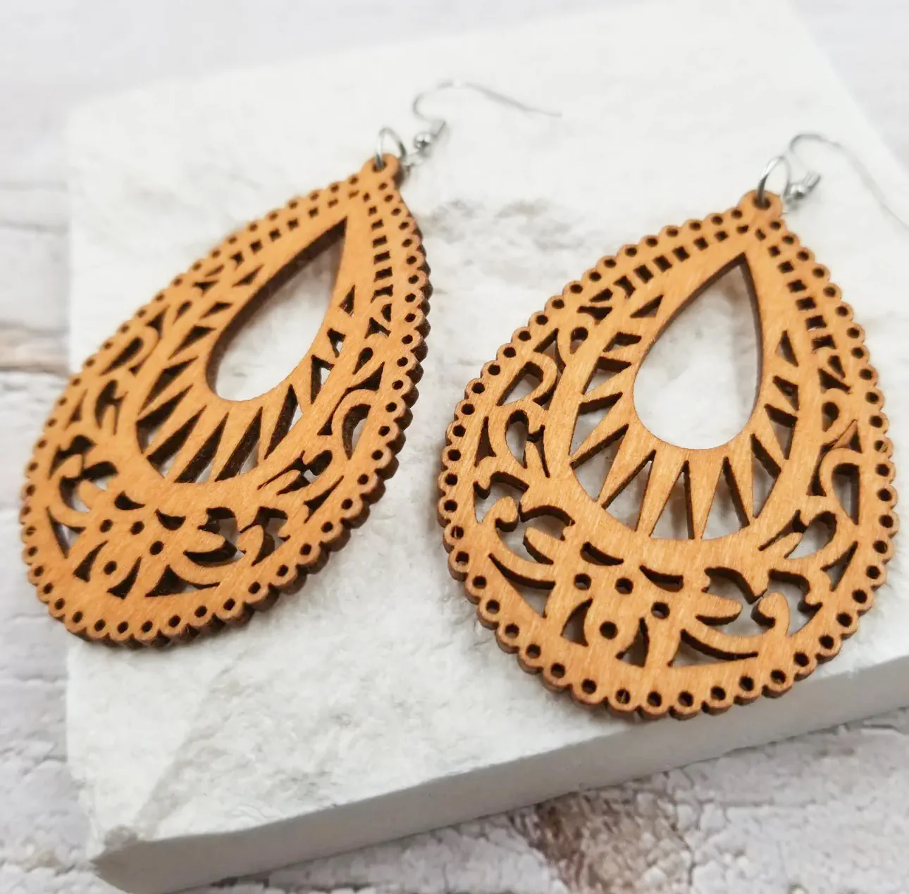 Iris Teardrop Wood Earrings - Image 2